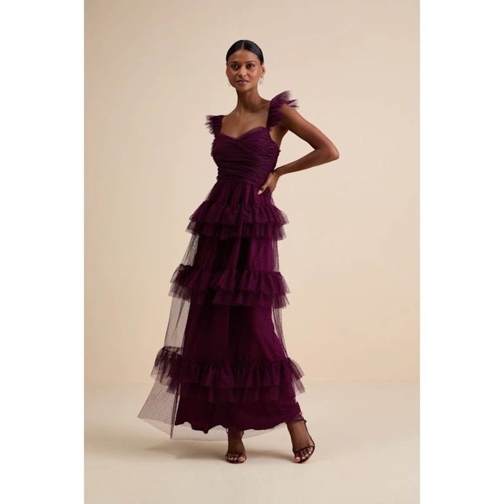 Plum Purple Tulle Tiered Ruffle Maxi Dress US 6 Formal Prom Wedding Guest Fairy